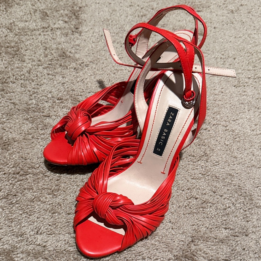 Zara Red Knotted Open-Toe Ankle-Strap Heels